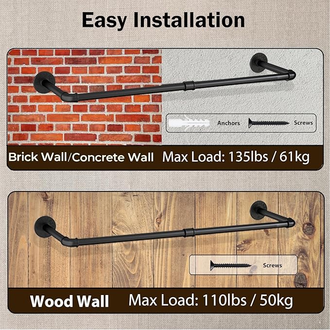 Wall Mounted Clothes Rack 38.4in, Industrial Pipe Wall Mount Clothing Rack, Heavy Duty Iron Garment Racks, Space Saver Multi-purpose Hanging Rod for Laundry Room, Closet Storage, 2 Packs