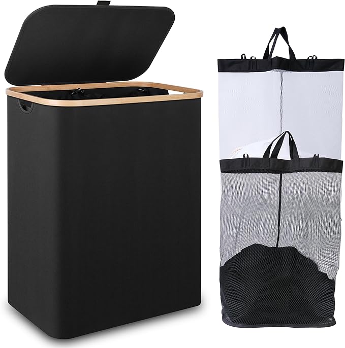 150L Laundry Basket with Lid,Large Laundry Hamper with Bamboo Handles, Hampers for Laundry, Dirty Clothes Hamper with 2 Removable Inner Bags for Clothes Toys Towels,Black