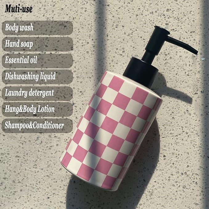 Bathroom Soap Dispenser with Matte Black Pump White Ceramic Soap Dispenser for Kitchen Checkerboard Empty Pump Bottle (Pink)