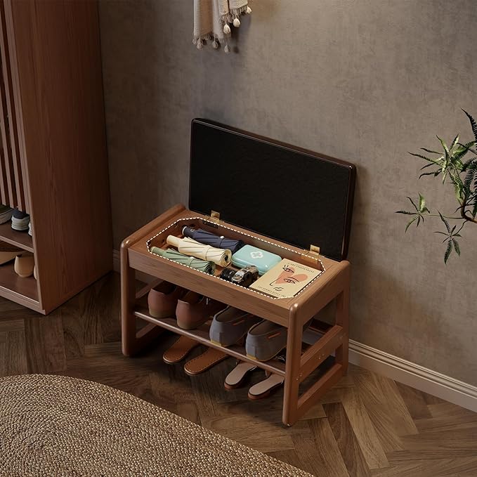 AQIMUELE Small Shoe Rack Bench,2 Tiers Shoe Bench with Storage with Flip-Top,Wood Shoe Rack for Entryway,Hallway（Dark Walnut Upholstered Seat）