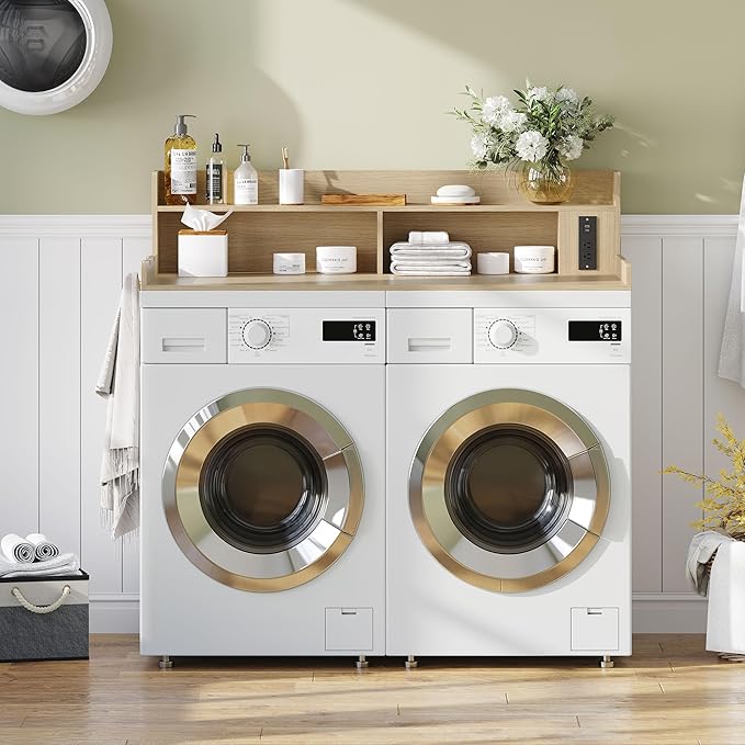 Upgraded 2-Tier Washer and Dryer Countertop with Power Outlet,54" W x 27.6" D Large Laundry Countertop for Fold Clothes, Laundry Topper with Non-Slip Pads & Metal Hooks and Storage Basket
