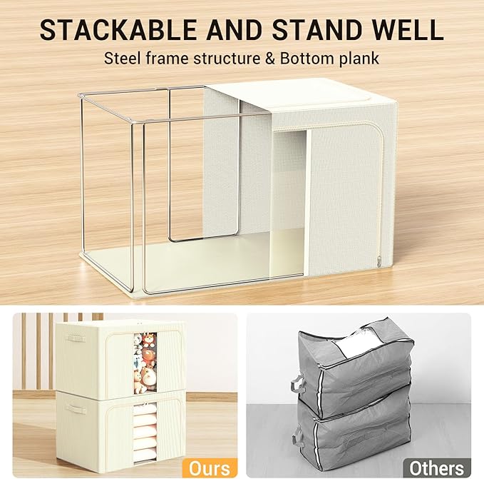 Clothes Storage Bins with Metal Frame Foldable Storage Box Clothes Organizers Storage Containers for Clothes Sheets Blankets Books Toys Gifts and Holiday Decorations (100Lx3 Pack) Beige