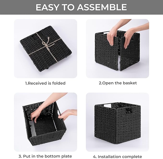 StorageWorks 11 inch Wicker Baskets, Handwoven Storage Cubes with Handles, Foldable Paper Rope Basket for Organizing, Black, 2 Pack