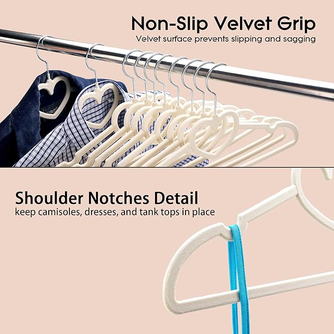 Velvet Clothes Hangers 20 Pack – 16" Non-Slip Slim ABS Hangers with 360° Swivel Hook and Heart Accent, Dry Use for Shirts, Dresses, Pants, Ties – Ivory