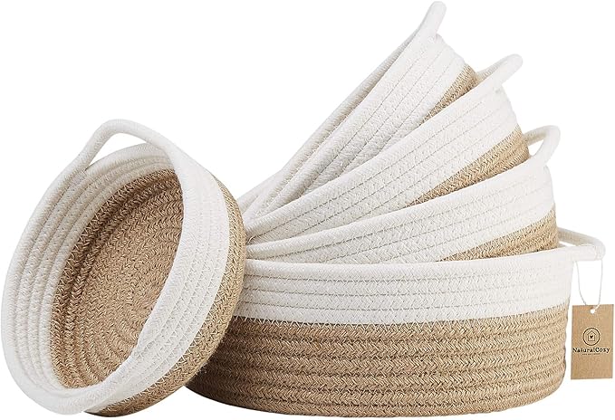 NaturalCozy 5-Piece Round Small Woven Baskets Set– Cotton Rope Baskets for Organizing! Montessori Toys, Fruits Remotes Key Tray Bowl for Entryway Desk, Shallow Catchall Home Décor, Cat Dog Bin Gift
