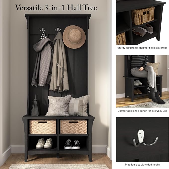 Bush Home Salinas Hall Tree with Shoe Storage Bench in Vintage Black, Multi-Purpose Home Organizer, Entryway Solution with Seating and Hooks