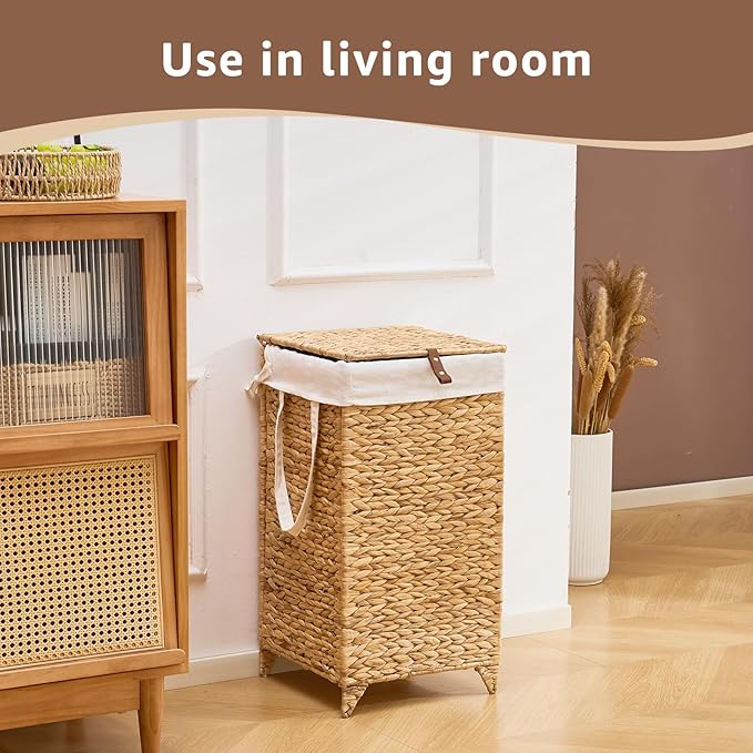 Handwoven Laundry Hamper with Lid, Natural Hyacinth Heightened Feet Laundry Basket, Wicker Clothes Hamper with Removable Liner Bag (Natural-A, 65L)