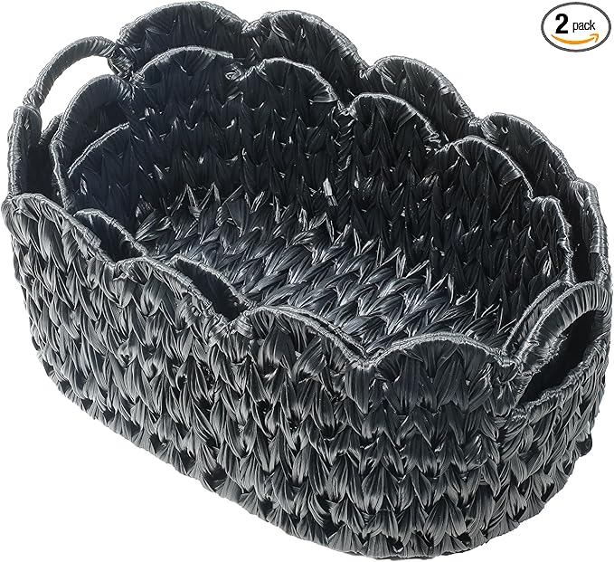 Wicker Scalloped Basket Set of 2,Woven Storage Baskets for Shelves,Closet,Laundry,Gift,Towels,Books,Toys,Waterproof Decor Basket for Organizing,Black Oval