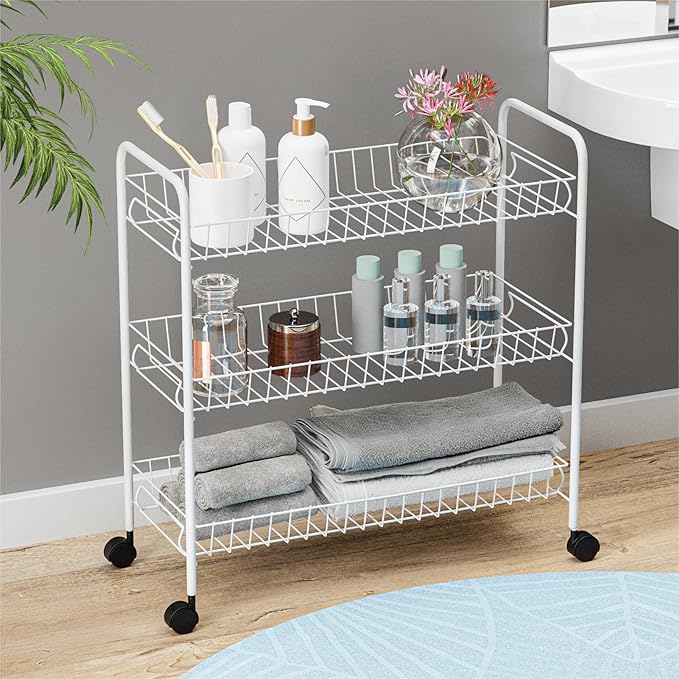 Home Zone Living Rolling Utility Cart with Handle, 3 Tier Versatile Storage Organizer with Wheels for Home, Office, Living Room, and Kitchen