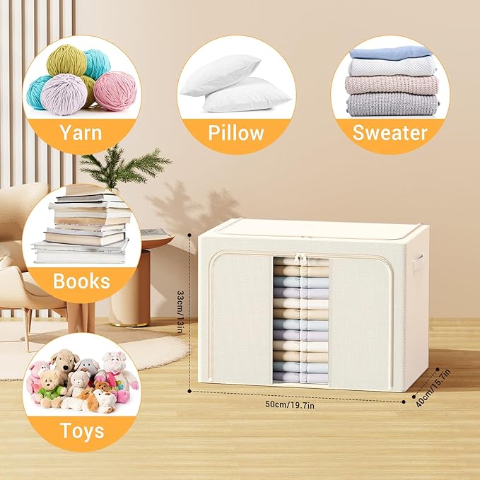 Clothes Storage Bins with Metal Frame Foldable Storage Box Clothes Organizers Storage Containers for Clothes Sheets Blankets Books Toys Gifts and Holiday Decorations (66Lx3 Pack) Beige
