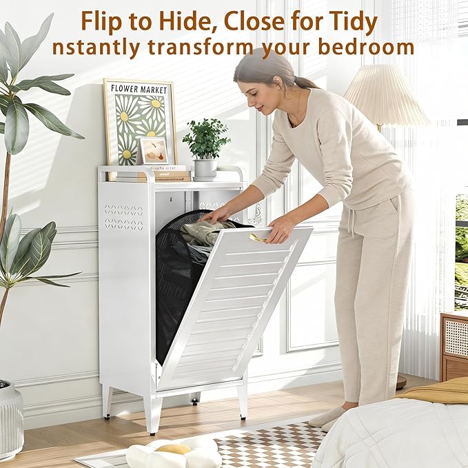 Metal Tilt Out Laundry Hamper，Removable Basket, White bathroom cabinet，13"L × 16"W × 36"H，Cold rolled steel material for Bedroom, laundry room, bathroom-Space saving design