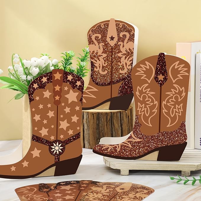 16Pcs Western Cowboy Boots Flower Boxes Centerpiece Brown Boots Shape Box Decorations Western Cowboy Boot Vase Paper Box for Wild West Rodeo Birthday Baby Shower Decoration