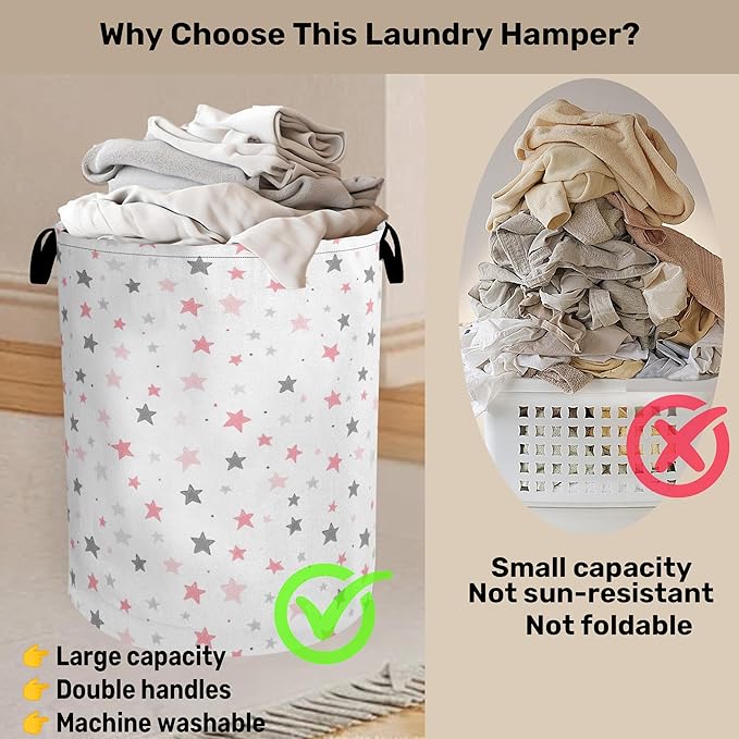 Cute Pink Stars Foldable Canvas Laundry Basket with Handles - Toy Organizer, Heavy Duty for Home，Bedroom, Dorm, Bathroom