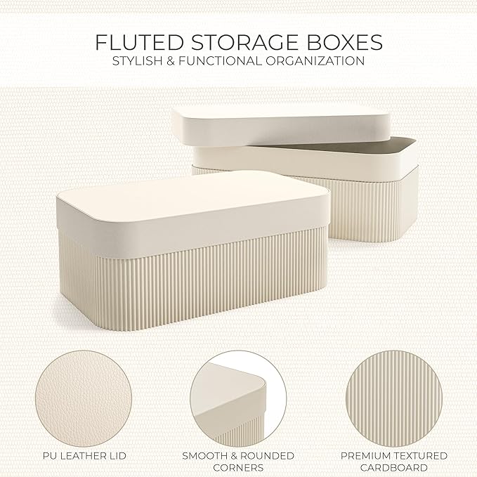 Decorative Storage Boxes with Lids – Set of 2 Beautiful Fluted Cardboard Organizer Bins for Your Home Bookshelf Decor to Safely Store Your Documents, Memory Box Items and Other Keepsakes in Style