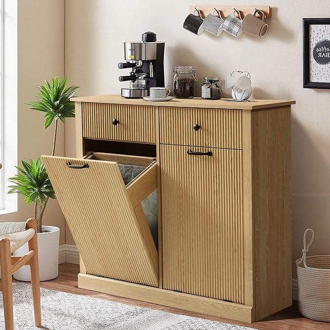 Modern Double Tilt Out Laundry Hamper Cabinet, Fluted 22 Gallon Hidden Garbage Cabinet with Storage Baskets, Wooden Trash Can Cabinets with Drawers (Natural Oak, 13"D x 39"W x 36"H (Full))