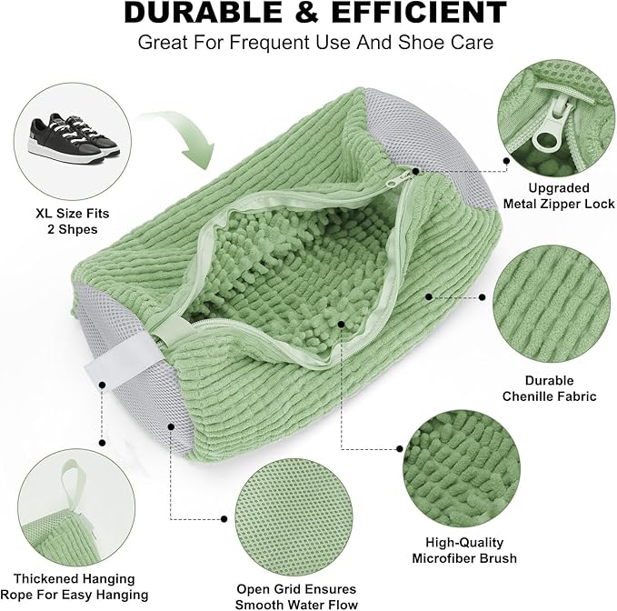 Shoe Washing Machine Bag - Shoe Laundry Bag for Washer and Dryer, Reusable 2 Pack, 360° Deep Cleaning, Self-Locking Zipper, Fits All Sneakers & Tennis Shoes - Green