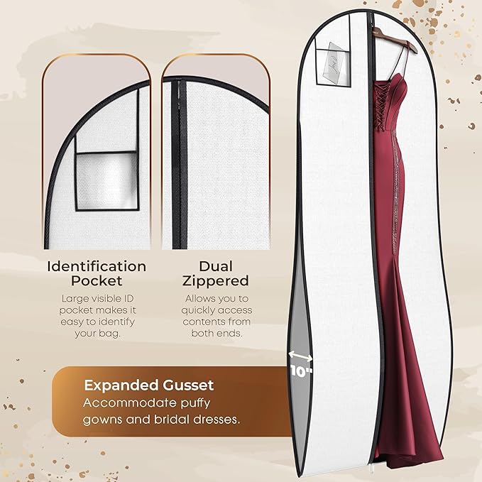72" Tapered Long Dress Bags for Gowns - Wedding Dress Garment Bag for Dresses - Long Garment Bags for Hanging Clothes & Closet Storage, Dress Bag for Airplane