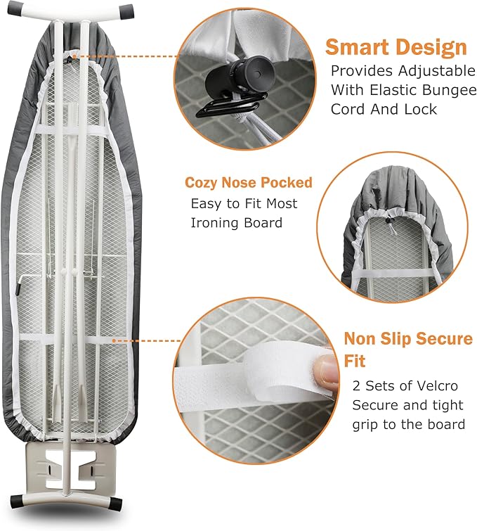 Ruibo Ironing Board Cover and Pad Extra Thick Heavy Duty Padding 4 Layers, Scorch and Stain Resistant,Elastic Edge Fit Standard Size 15x54 Inch/Gray