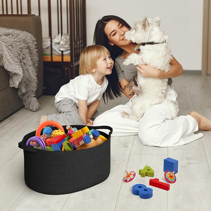 Black Woven Storage Basket, 17"x12"x8" Cotton Rope Baskets for Organizing Dog Toy, Gift, Book, Towel, Cloth, Shoe, Decorative Wicker Storage Bin for Shelves, Closet, Bathroom, Living Room
