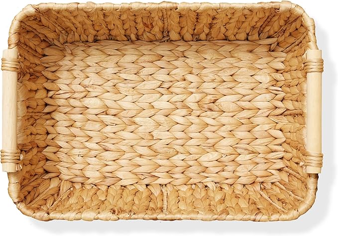 Casafield Set of 2 Water Hyacinth Oval Storage Baskets with Wooden Handles - Medium, Woven Bin Organizers