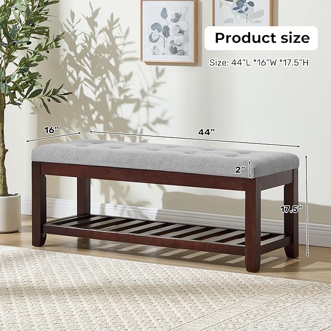 Shoe Bench Entryway, 44" End of Bed Bench,Upholstered Linen Bench for Living Room,Fabric Ottoman Bench with Solid Wood Shelf for Bedroom, Entrance Lightgrey