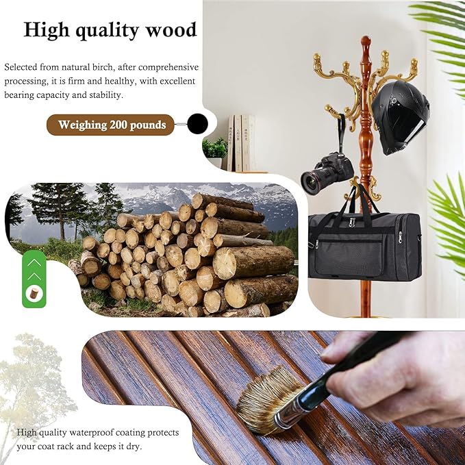 Coat Rack Stand, Solid Wooden Coat Tree with 14 Hooks, Heavy Duty Coat Rack Freestanding with Sturdy triangle Base, Natural Birch Wood Coat Hanger Stand for Entryway Bedroom (Begonia H12)