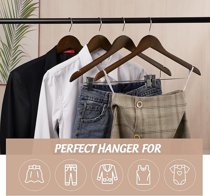 Wooden Clothes Hangers with Clips, 16Pack Wood Skirt Hangers with Clips, High-Grade Selected Walnut Wood Hangers with Sturdy Metal Clips for Pants, Suit, Heavy Winter Coat, Jacket, Formal Dress