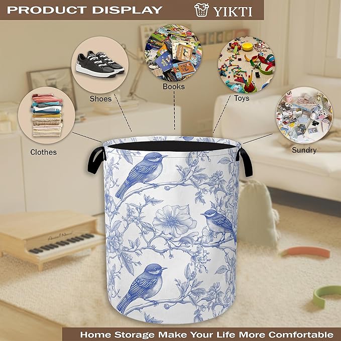 Collapsible Laundry Basket,Blue Birds Dirty Clothes Hamper,Spring Flower Hampers for Bedroom Waterproof Oxford Cloth Storage Organizer for Bathroom,Nursery,Dorm,16x20 Inch