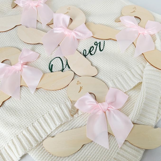 Wooden Swan Hangers with Pink Satin Bows, Gold Glitter Accents, 10 Pieces, Nursery Decor for Baby Shower，Suit Hangers- Girls Bedroom Closet Decorations,Kids Hanger with Bow,Baby Clothes Storage