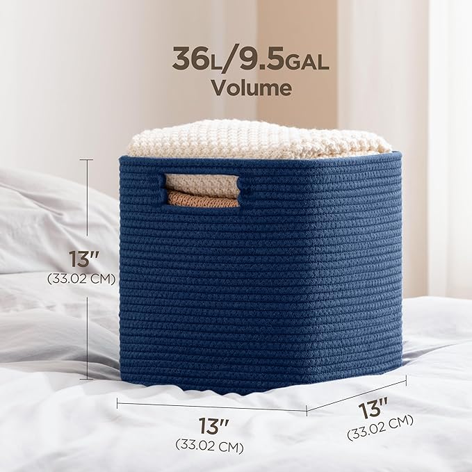 UBBCARE Set of 4 Storage Bins - 13 X 13 X 13 In, Cotton Rope Bins for Shelves, Toys, Books, Cube Storage with Handles, Woven Basket for Organizing, Navy Blue