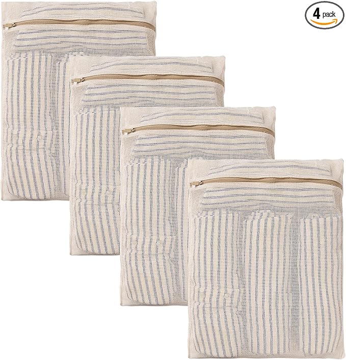HEAVYWOOD 4-Piece Cotton Mesh Landry Bag Organic Wash Bag for Washing Machine Lingerie Bags for Washing Delicates with Sturdy Anti-Rust Zipper Clothes Washing Bag (4Bags, M)