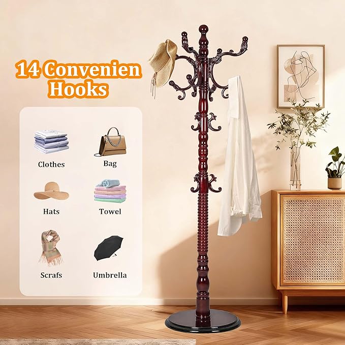Modern Wooden Coat Rack Heavy Duty Solid Wood Freestanding Coat Racks Stand Adjustable Height 37.4’’-72.83’’ with 14 Hooks and Sturdy Round Base Coat Tree for Living Room, Bedroom