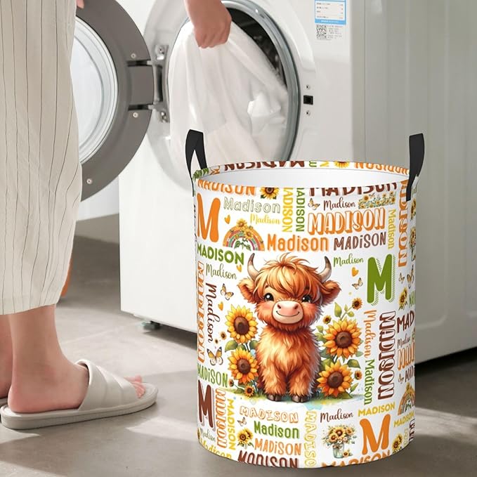 Personalized Highland Cattle Laundry Basket For Baby Kids Girls Adult Custom Hamper Basket With Name For Bathroom Bedrooms Collapsible Baby Laundry Basket, Dirty Clothes Hamper With Handles