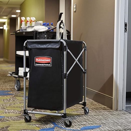 Rubbermaid Commercial Products, Collapsible X Cart, Black, Steel 4 Bushel Bin, Commercial Laundry Cart with Wheels for Hotel/Nursing Home/Home/College Easily Move Laundry/Supplies/Groceries