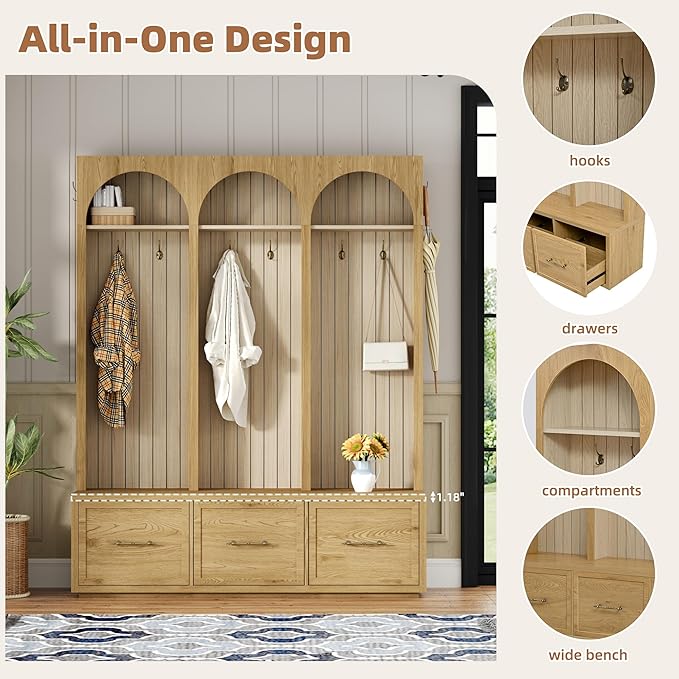 Merax Farmhouse Wood Hall Tree with Shoe Bench and 3 Drawers, 4-in-1 Coat Rack with 8 Hooks for Entrance, Hallway, Mudroom Natural