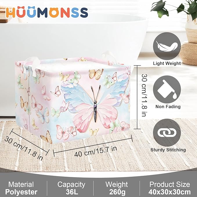3D Pastel Butterfly Baby Laundry Hamper Collapsible Clothes Kids Storage Basket Large Girls Gift Toy Box Bin for Bedroom, Colorful, 36L