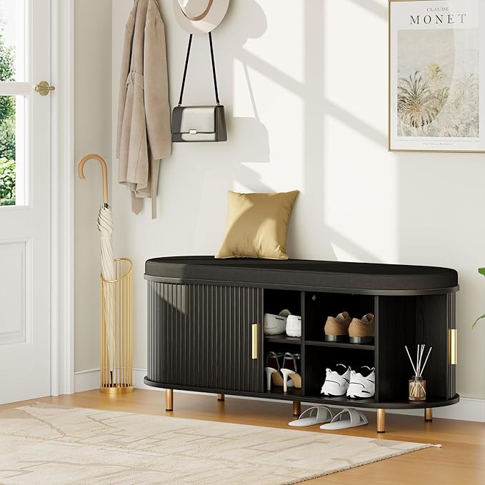 DHH 2-Tier Storage Bench, 43.3" Wide Shoe Bench with Thickened Padded Seat Cushion, Mid Century Modern Fluted Sliding Door and Adjustable Shelf, for Entryway, Living Room, Bedroom(Black)