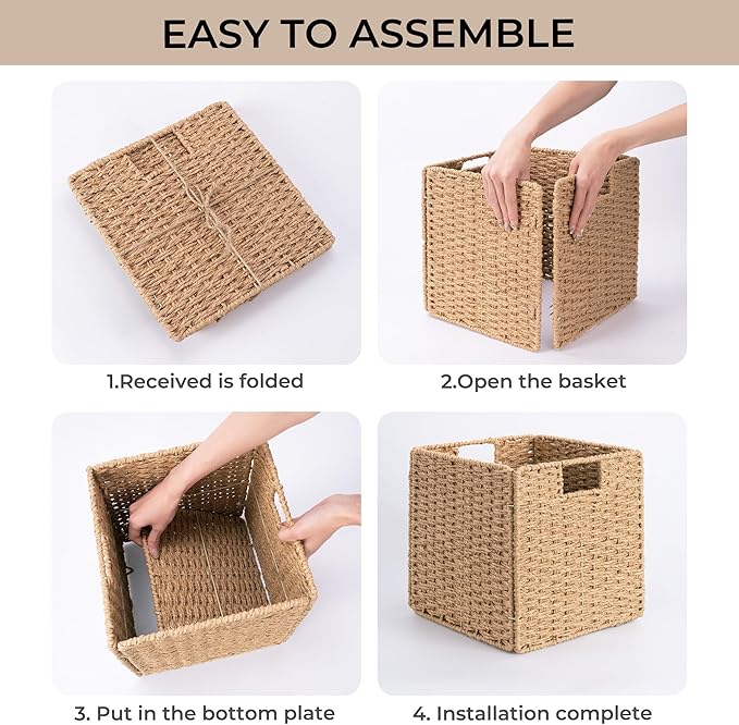 StorageWorks 11 inch Wicker Baskets, Handwoven Storage Cubes with Handles, Foldable Paper Rope Basket for Organizing, Natural, 2 Pack