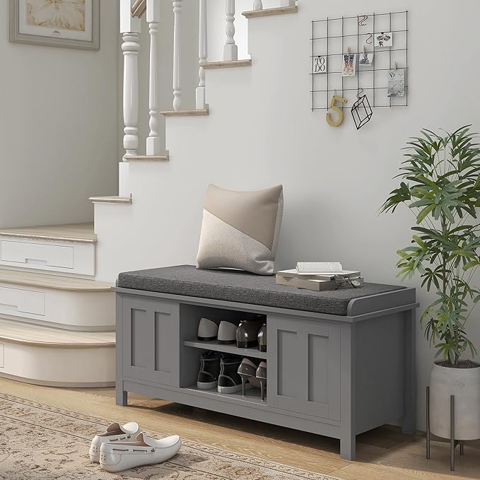 HOMCOM Entryway Shoe Bench Storage Ottoman with Sliding Doors, Adjustable Shelving, 6 Compartments, and Padded Seat, Holds 10 Pairs, Gray