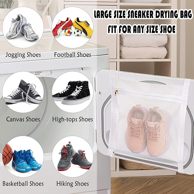 Sneaker Wash & Dry Net Bag for Dryer,15.7x13.8 Inch Large HoneyComber Mesh Bags with Zipper and Strap for Shoes, Clothing, Laundry Reused Bag Tool, 3 Pcs