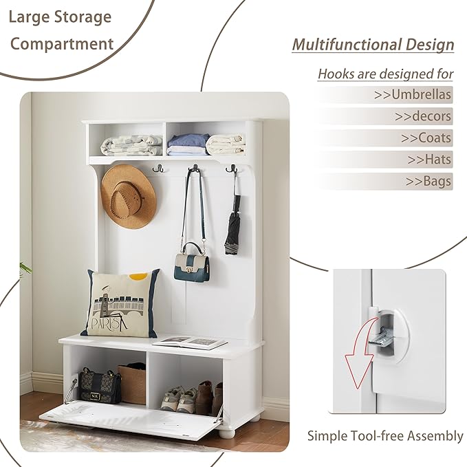 4-in-1 Design Hall Tree Coat Hanger with 4 Hooks and with Two Top Open Storage Shelves, Wood Entryway Coat Rack with Storage Bench for Entrance Hallway (White-3)