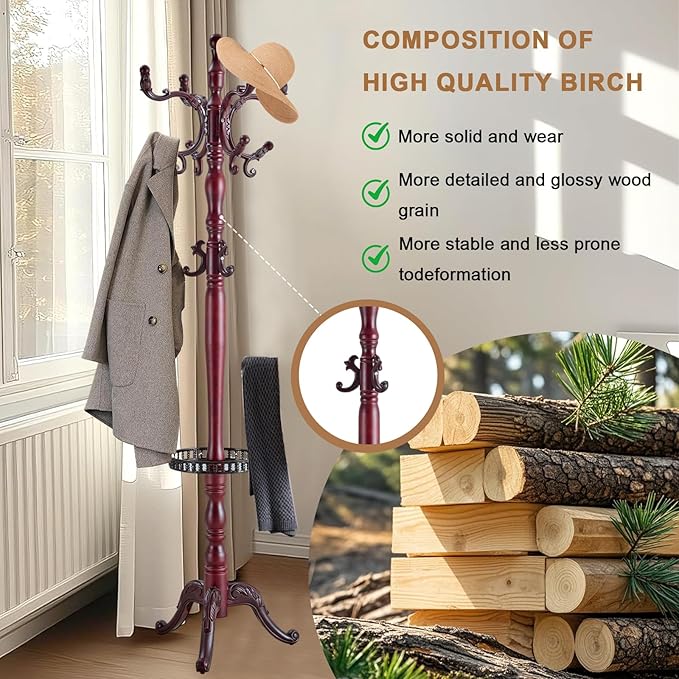 Solid Wood Coat Rack, Free Standing Hall Coat Tree with 14 Hooks, 3 Height Options, 300lbs Load, Stury Base, Clothes Rack for Entryway, Hallway, Bedroom (Tri-legged Base - H12 Rosewood)