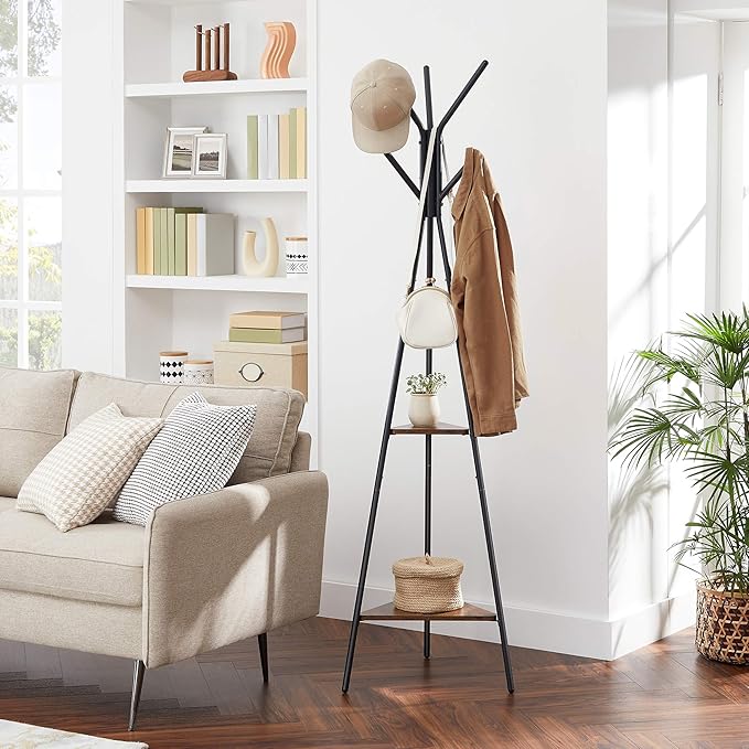 VASAGLE Coat Rack Freestanding, Coat Hanger Stand, Hall Tree with 2 Shelves, for Clothes, Hat, Bag, Industrial Style, Rustic Brown and Black URCR16BX