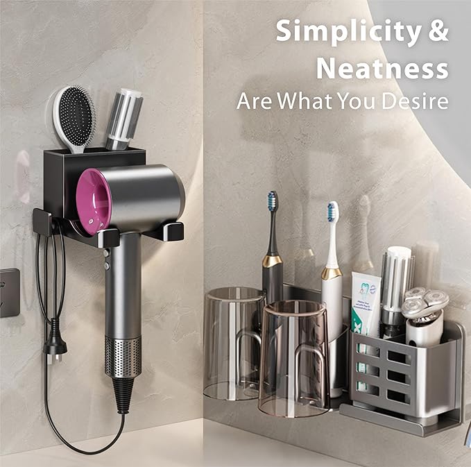 Hair Dryer Holder Wall Mounted with Self Adhesive, Mg-Al Alloy Blow Dryer Holder Compatible with Dyson Supersonic, Shark, Hair Dryer Organizer for Bathroom, Vanity, Bedroom (Black)