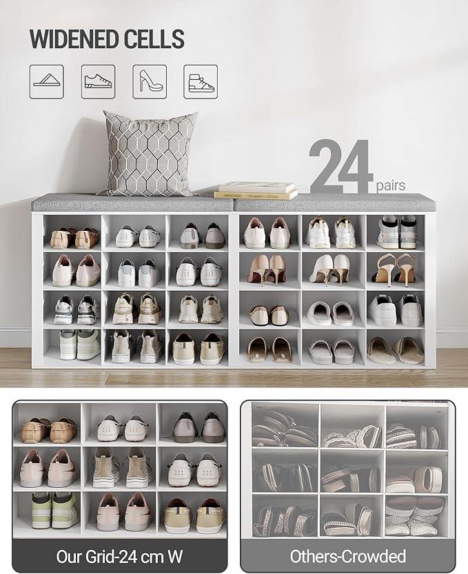 Shoe Storage Bench with Cushion, Entryway Storage Bench with 24 Cubbies, 9.5" Widened Organizer Cabinet, Long Cubby Rack for Living Room, Bedroom, Entryway, White SB32403GY