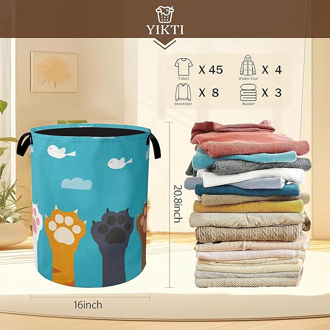 Cute Cat Paws Laundry Basket,Cartoon Birds Clothes Hamper,Oxford Cloth Collapsible Nursery Hamper Storage Organization for Bedroom,Bathroom,Office,College Dorms,16x20 Inch