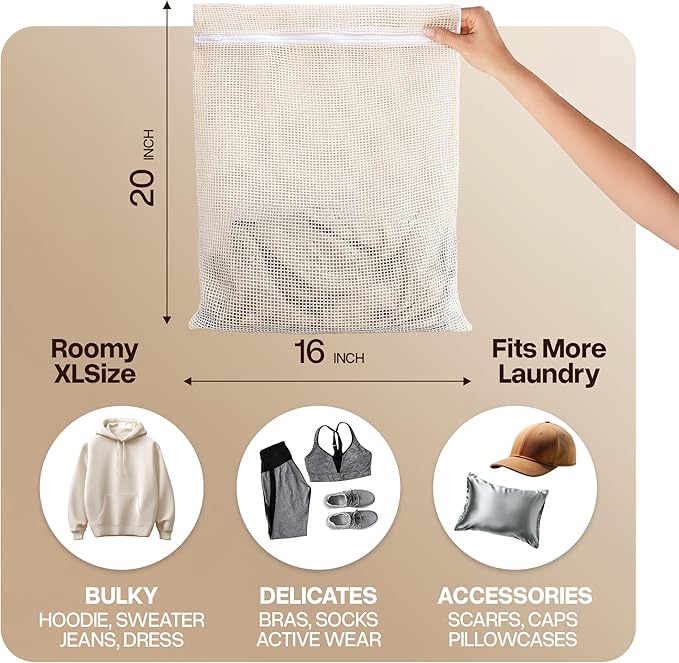 WoollyPals Large Cotton Mesh Laundry Bags (16" x 20") – 2-Pack with Drawstring Storage Pouch – Washer & Dryer Safe, Durable Zipper, Breathable Mesh for Clothes, Delicates, Underwear, Shoes & Lingerie