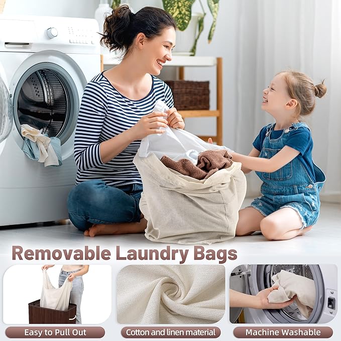 72L Slim Laundry Hamper with Lid, Foldable Bamboo Clothes Laundry Basket with Handles, Removable and Machine Washable Liner, for Bedroom, Bathroom, Dorm, Brown
