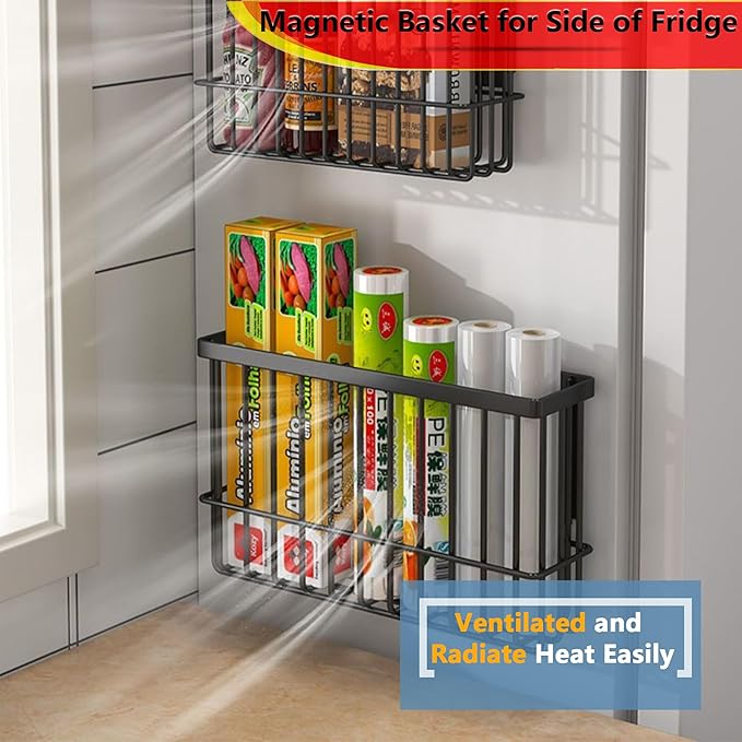 Magnetic Basket Kitchen Refrigerator Organizer Foil and Plastic Wrap Organizer for Fridge Heavy Duty Metal Storage (10.25" L x 3.2" W x 6" H, White)