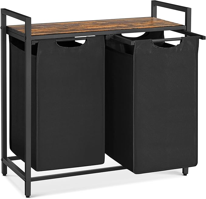 VASAGLE Laundry Hamper, Laundry Basket, Laundry Sorter with 2 Pull-Out and Removable Bags, Shelf, Metal Frame, 2 x 12.1 Gallons (46 L), 28.8 x 13 x 28.4 Inches, Ink Black and Rustic Brown UBLH201B01